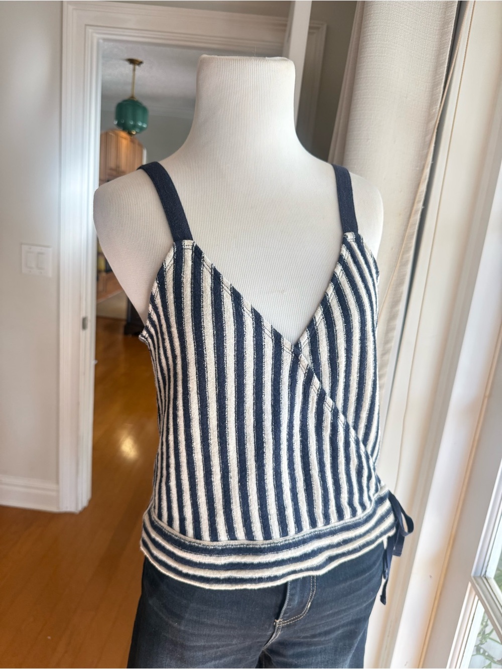 Madewell Striped Navy and White Sleeveless Wrap Tank Top
